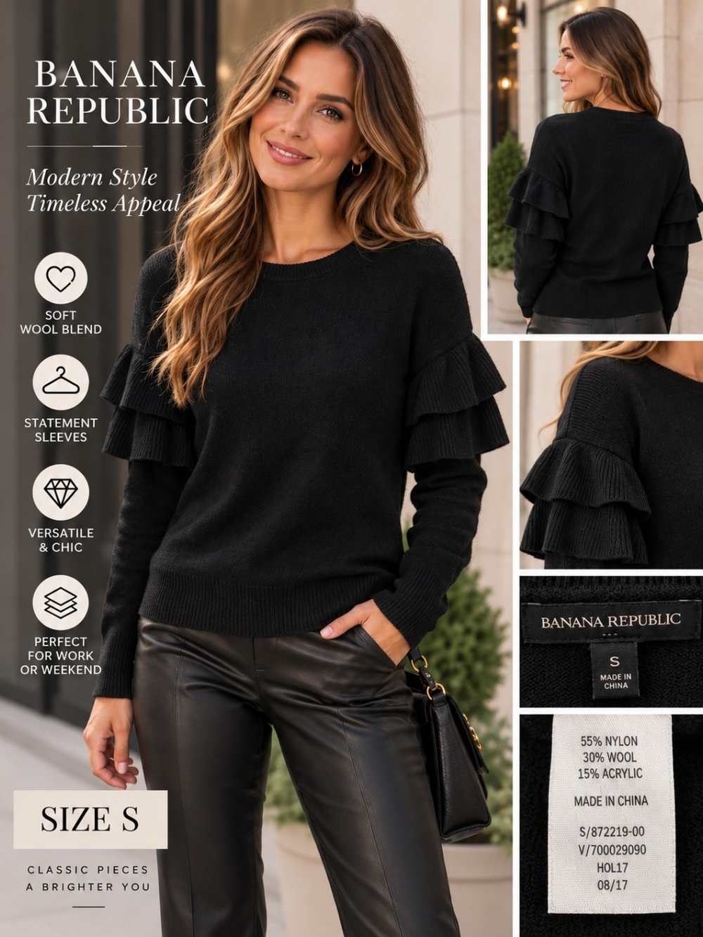 Banana Republic Ruffle Sleeve Wool Blend Sweater Small Black Statement